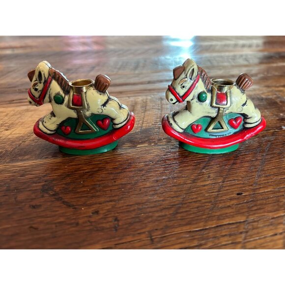 Vintage Rocking Horse Candle Holders - Set Of 2 Hand-Painted With Original Box C - Picture 4 of 11